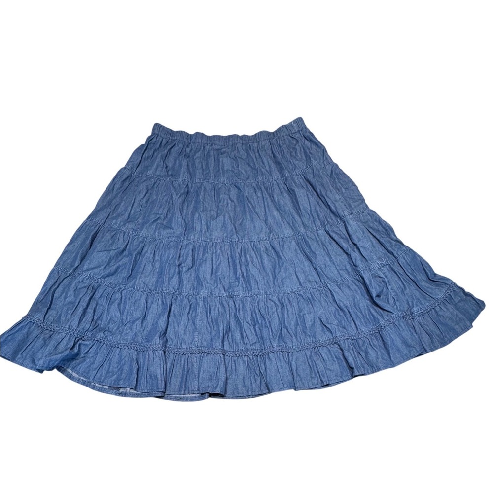 Blue Chambray Tiered Skirt Womens XL Blue Ruffle Boho Midi Elastic Waist
